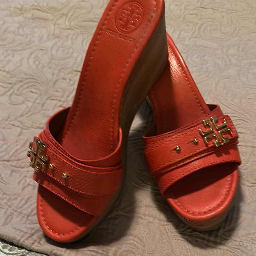 Tory Burch Orange Wedge Sandals with Studded Strap